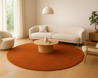 Mid-Century Modern Round Terracotta Rug | Burnt Orange Wool Area Carpet | Minimalist Living Room Decor