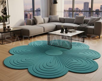 Teal Flower Shaped Area Rug: Modern Petal Design, Soft & Durable