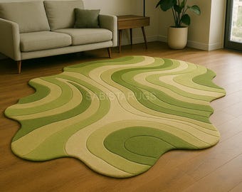 Wavy Green Abstract Rug – Irregular Handmade Carpet, Non-Slip