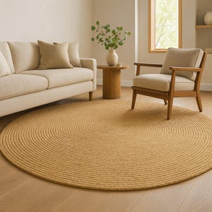 Puede incluir: Una alfombra redonda de color amarillo dorado con un dise&ntilde;o de espiral conc&eacute;ntrica. La alfombra est&aacute; hecha de material tejido y se coloca sobre un suelo de madera clara. La alfombra es el punto focal de un sal&oacute;n.