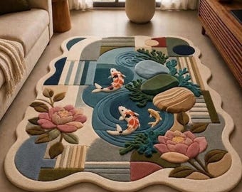 May include: An irregularly shaped area rug featuring a multi-colored design with three koi fish swimming in blue water, two large pink lotus flowers, green aquatic plants, and smooth stones, all set against a cream-colored background.