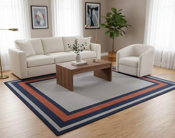Tappeto con bordo annodato a mano / Tappeto moderno blu navy, ruggine e grigio