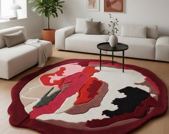 Hand-Tufted Wool Area Rug, Abstract Red & Pink, Irregular Shape.