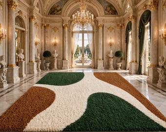 May include: A rectangular area rug featuring a thick, shaggy texture with large, abstract organic shapes in deep forest green, warm terracotta brown, and a creamy off-white color palette, laid flat on a polished marble floor.