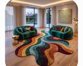 May include: Two curved emerald green sofas are positioned on a large, irregularly shaped area rug featuring wavy, flowing bands of color in shades of mustard yellow, burnt orange, deep burgundy, teal, and sage green on a light wood floor.