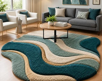 May include: An oval area rug featuring a textured, high-pile surface with a wavy, abstract pattern in shades of deep teal, sage green, and cream. The rug has a thick, plush construction with distinct color-blocked sections that create a layered effect.