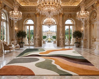 May include: A rectangular area rug featuring an abstract pattern of flowing, organic shapes in shades of terracotta, sage green, dark brown, and cream. The rug has a textured, multi-level pile surface with smooth, curved color transitions.