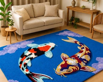 May include: A rectangular area rug featuring a vibrant blue background with two large, textured koi fish swimming in a circular motion. The fish are detailed with patches of red, white, black, gold, and purple, accented by light purple clouds.