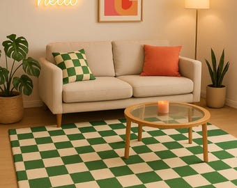 Green Checkered Area Rug: Retro Modern Checkerboard Home Decor