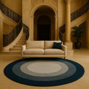 Puede incluir: Una alfombra redonda con círculos concéntricos en tonos de azul y gris, ubicada en un gran salón. Un sofá beige con un cojín azul oscuro se encuentra encima de la alfombra. El salón cuenta con una escalera y columnas.