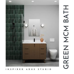 以下が含まれることがあります： 緑色のタイル張りのシャワー、引き出し付きの木製洗面化粧台、白いカウンタートップを備えたモダンなバスルーム。洗面化粧台の上には鏡があり、トイレが見えます。「GREEN MCM BATH」というテキストが右側に縦に表示されています。