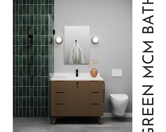 Tablica inspiracji dla łazienek w stylu mid-century modern | Zielone płytki metra, dębowa toaletka, matowa czarna armatura | Tablica inspiracji dla małych łazienek i ADU