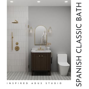 May include: A bathroom with a classic Spanish design. The room features a dark brown vanity with a marble countertop, a gold-framed mirror, and a white toilet. The shower area has white tile, and the fixtures are gold. The floor has a black and white patterned tile.