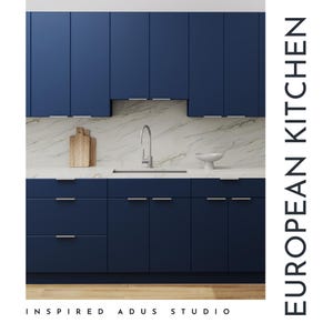 European Kitchen Mood Board – Flat Panel Cabinets, Quartz Backsplash, Warm Wood Floors – Digital Interior Design Download