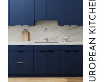 European Kitchen Mood Board – Flat Panel Cabinets, Quartz Backsplash, Warm Wood Floors – Digital Interior Design Download