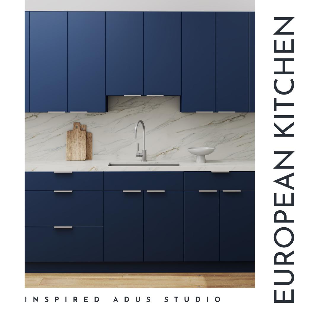 Moodboard europejskiej kuchni – szafki z płaskimi panelami, kwarcowy backsplash, ciepłe drewniane podłogi – cyfrowy projekt wnętrza do pobrania