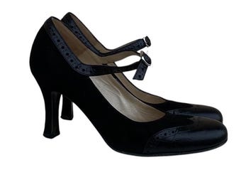 Vintage Russell Bromley Black Suede Patent Mary Jane Heels – Made Italy 36.5