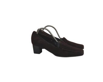 Vintage Brown Suede Loafers, 90s Block Heel Pumps, Size 6.5 US