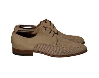 Moreschi Vintage Perforated Leather Derby Shoes, Beige Suede, Woven Oxford, Italy US 10.5