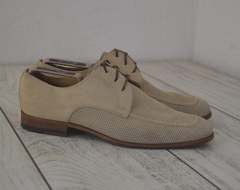 Moreschi Vintage Perforated Leather Derby Shoes, Beige Suede, Woven Oxford, Italy US 10.5