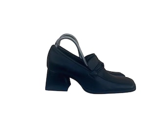 Vintage Black Leather Loafers, Square Toe Chunky Heel Pumps, 90s Style 35 Size