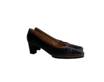 Vintage Italian Leather Pumps | Quercioli Firenze black  Leather Block Heel Shoes 38.5 size