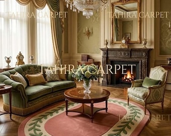 Alfombra ovalada de lana tejida a mano, con borde de laurel rosa rubor, decoración de lujo para sala de estar.