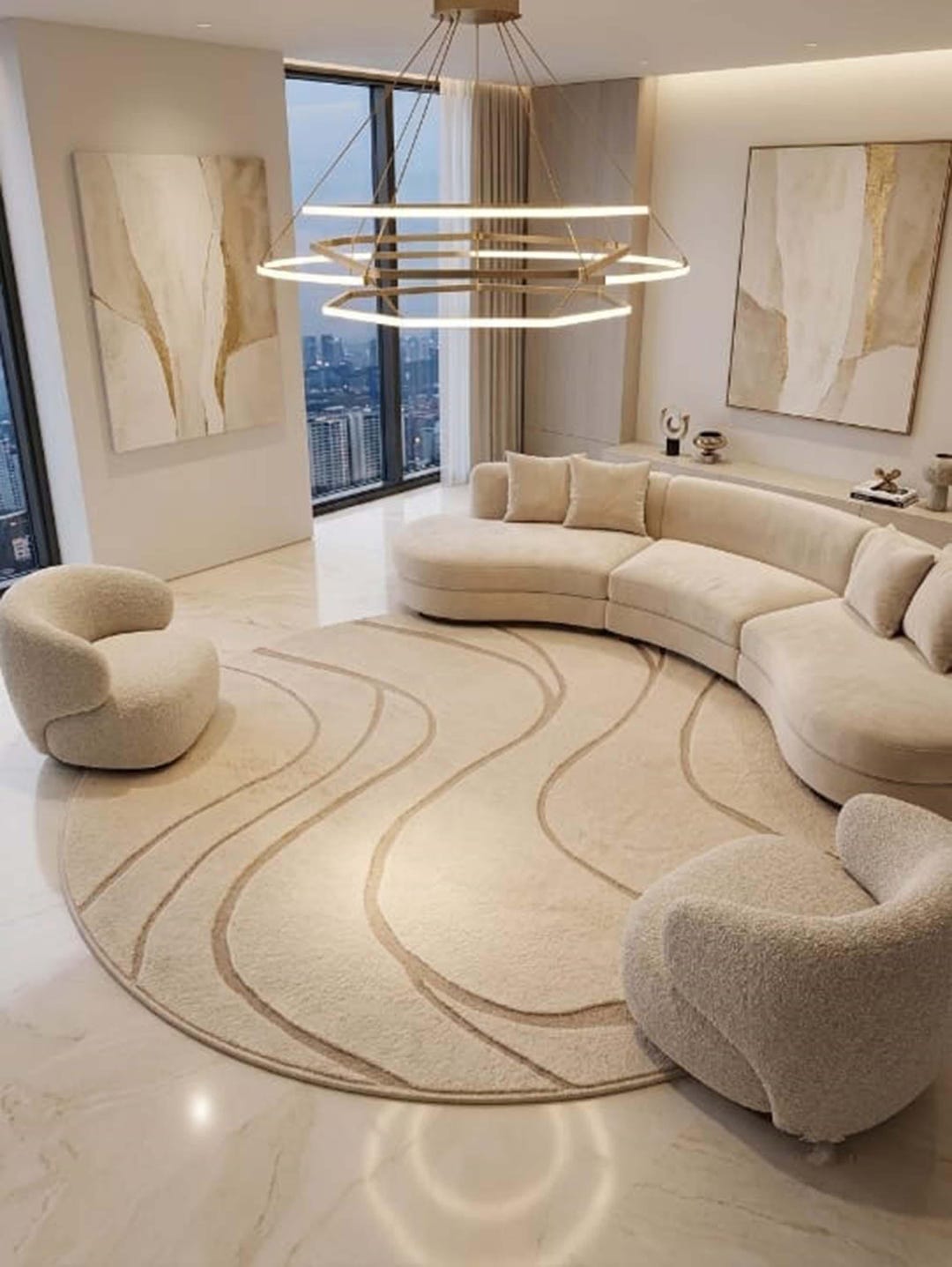 Hand Tufted Wool Rug, Abstract Wave Pattern, Beige Cream Carpet ...
