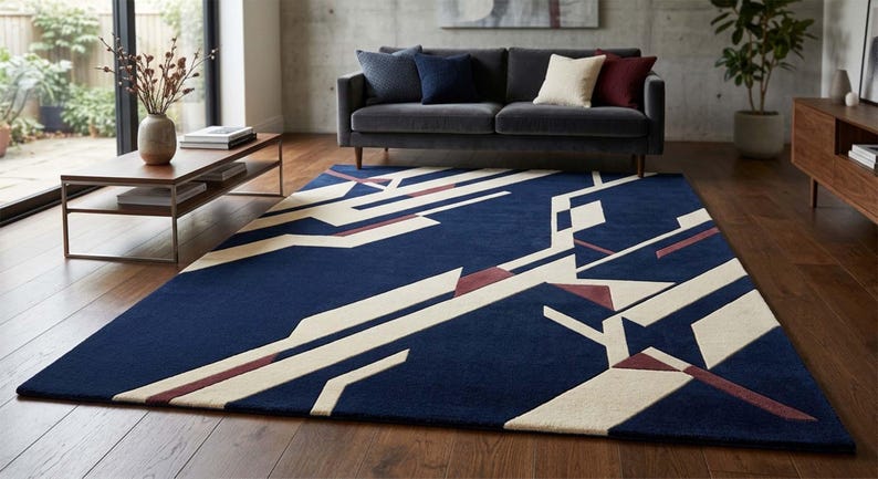 Hand Tufted Wool Rug, Geometric Navy Blue Cream Rust, Modern Abstract ...