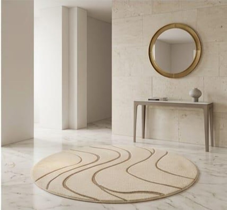 Hand Tufted Wool Rug, Abstract Wave Pattern, Beige Cream Carpet ...