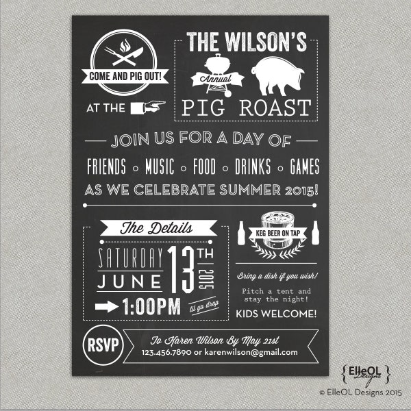 Chalkboard Pig Roast Party Invitation - Birthday - Summer - BBQ- Barbeque - Beer