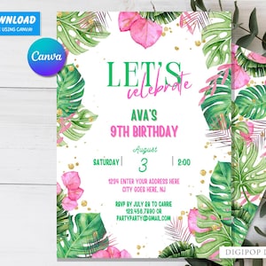 Tropical leaf birthday invitation, jungle invitation, pink and green invite, Editable Canva Birthday invitation