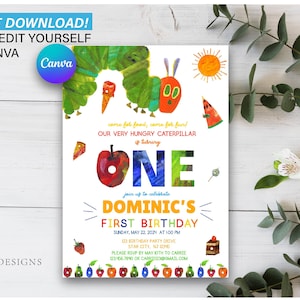 A Very Hungry Caterpillar first birthday invitation, party invitation, hungry caterpillar invite, canva editable invite