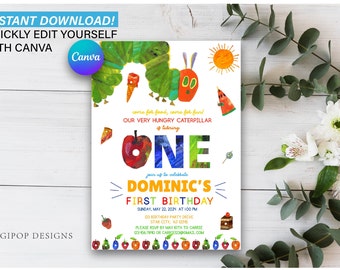 A Very Hungry Caterpillar first birthday invitation, party invitation, hungry caterpillar invite, canva editable invite