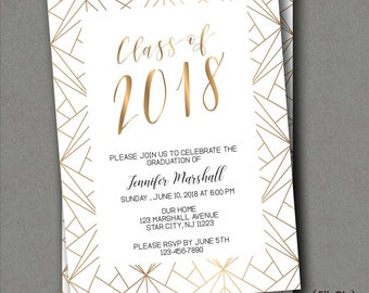 Graduation party celebration invitation announcement, navy and gold invite, white and gold invitation, graduation invite card