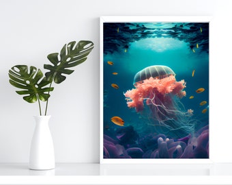 Underwater Jellyfish, Coral Reef, Vibrant Tropical Fish Digital Print