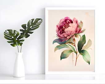 Peony watercolor digital file print, fine art print, digital print, pink peony watercolor wall decor, Printable poster, flower watercolor