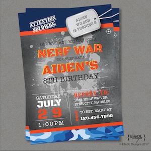 Nerf war birthday invitation - laser tag invitation - boy or girl - army birthday