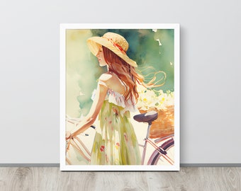 watercolor girl with bike print, chic watercolor print, feminine watercolor girl, wall décor, digital file