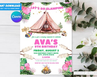 May include: A pink and green birthday invitation with a cartoon illustration of a tent and a campfire. The text on the invitation reads "Let's Go Glamping Ava's 9th Birthday Friday, August 2 1234 Birthday Party Drive City, State 01010 5:30PM Bring a Sleeping Bag and Pillow Pizza and Cake will be served RSVP by July 30 to 123.456.7800 Digippop Designs".