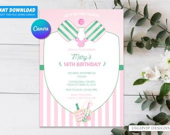 Pickleball birthday party invitation, Racquet club party invite, Pickleball party, pink and green birthday invitation