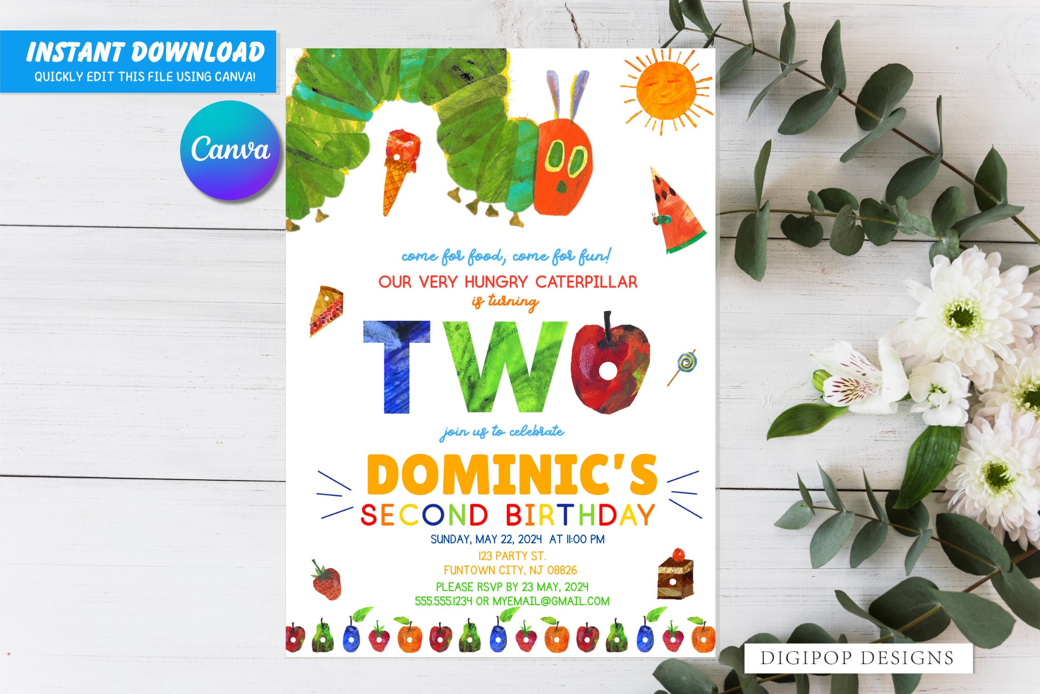 A Very Hungry Caterpillar Second birthday invitation party invitation hungry caterpillar invite Canva editable invite