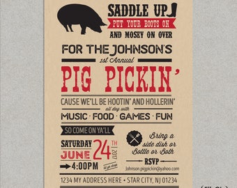 Pig Roast Party Invitation - Pig Pickin' - Birthday - Summer - BBQ- Barbecue - Beer