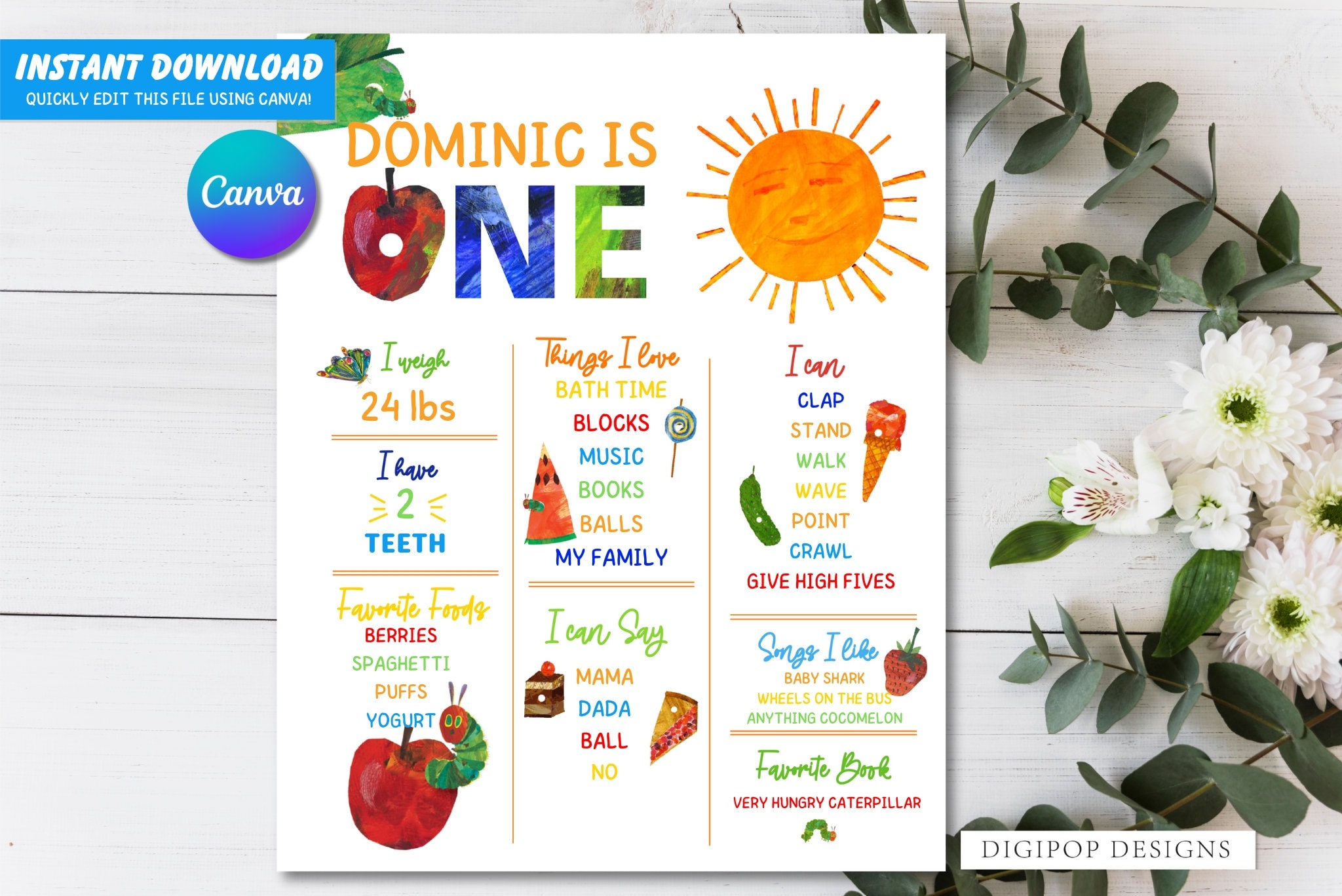 Very Hungry Caterpillar first birthday milestone sign editable birthday poster hungry caterpillar invitation milestone sign