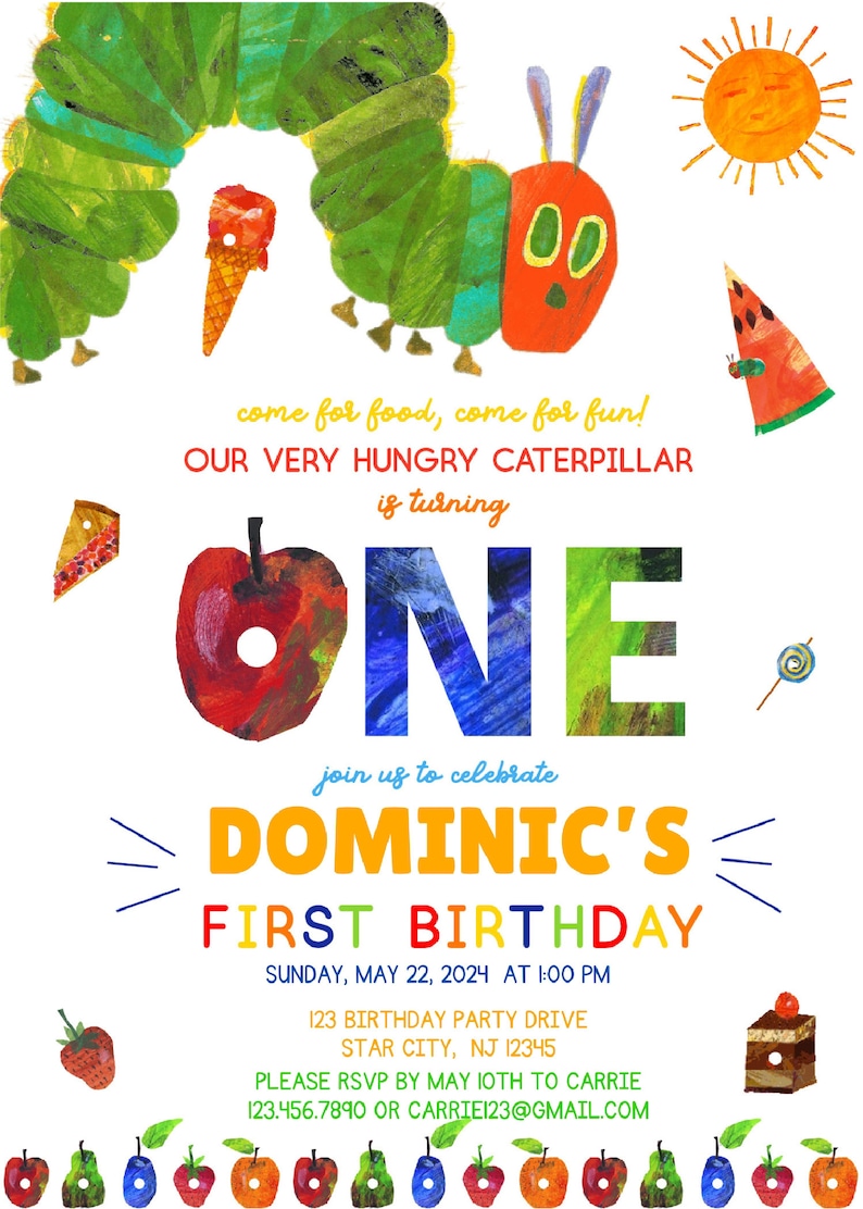 A Very Hungry Caterpillar First Birthday Invitation, Party Invitation