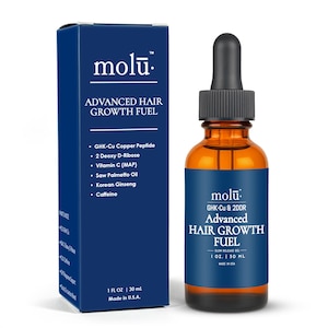 A brown glass bottle of Molu Advanced Hair Growth Fuel with a black dropper next to product packaging, a hair growth serum featuring copper peptide hair growth technology and 2-deoxy-d-ribose hair growth support. The blue label displays "Revolutionary Triple-Action Hair Growth Complex" with key ingredients 2dDR, GHK-Cu, and Sodium Lactate Pyruvate. This advanced hair growth formula contains 1 fl oz / 30 mL and targets male pattern hair concerns with research-backed cellular energy activation.