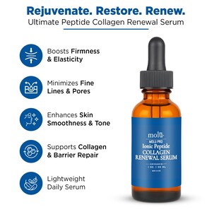 Pu&ograve; includere: Una bottiglia di vetro ambrato di Molu Pro Ionic Peptide Collagen Renewal Serum con un contagocce nero. L'etichetta &egrave; blu e bianca, con il testo "Rejuvenate. Restore. Renew." e "Boosts Firmness & Elasticity."