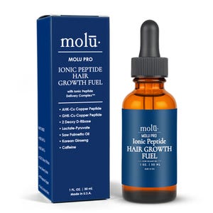 May include: A dark blue box and a brown glass bottle of Molu Pro Ionic Peptide Hair Growth Fuel. The box and bottle have white text that reads "Ionic Peptide Hair Growth Fuel" and lists ingredients. The bottle has a black dropper.