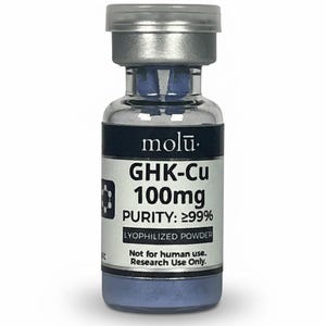 May include: A clear glass vial with a silver metal cap containing blue lyophilised powder. The label reads molū. GHK-Cu 100mg PURITY: ≥99% LYOPHILISED POWDER Not for human use. Research Use Only. The vial has a blue tint at the base and neck.
