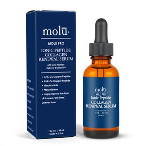 May include: A skincare product set featuring a dark blue box and a brown glass bottle. The box and bottle both display the "molu" logo and the words "Ionic Peptide Collagen Renewal Serum." The bottle has a dropper and contains 30 ml of serum.